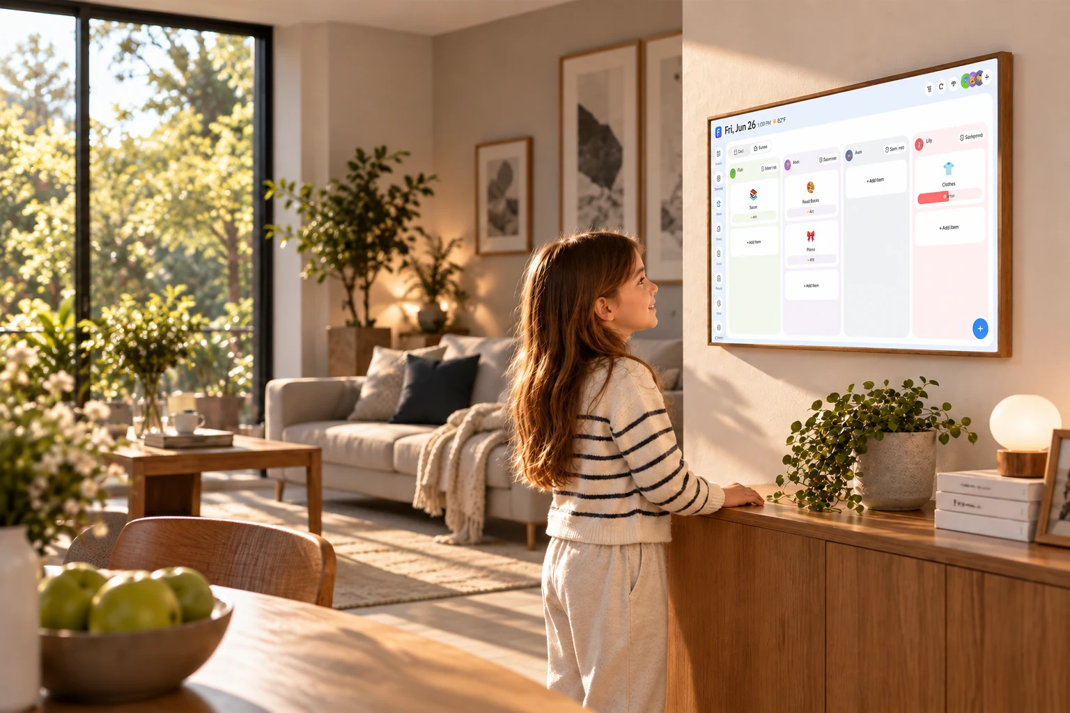 Child checking family tasks on a home display