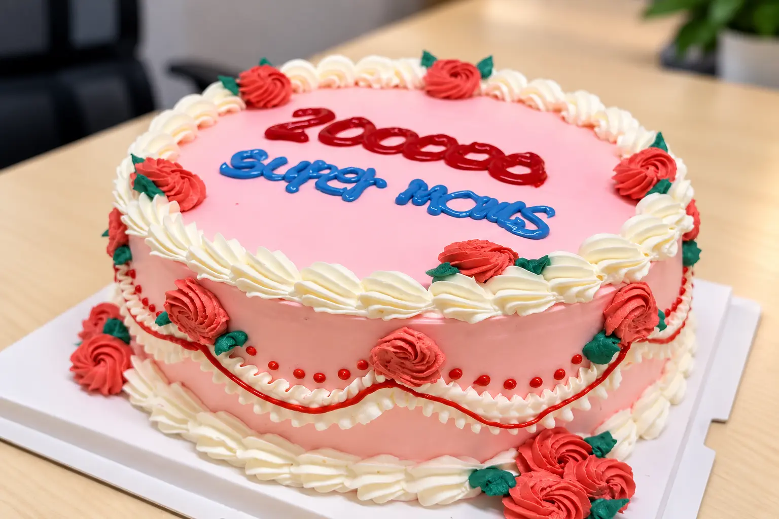 Pink celebration cake from a FotoCube team milestone, with 200000 Super Moms written in icing