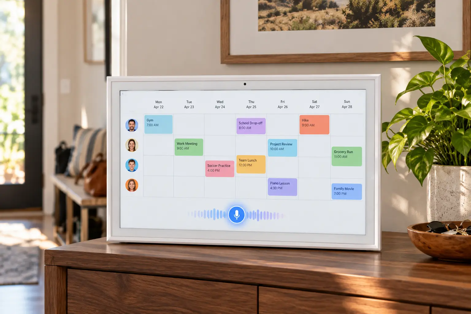 White FotoCube Calendar Pro showing a family schedule and voice assistant