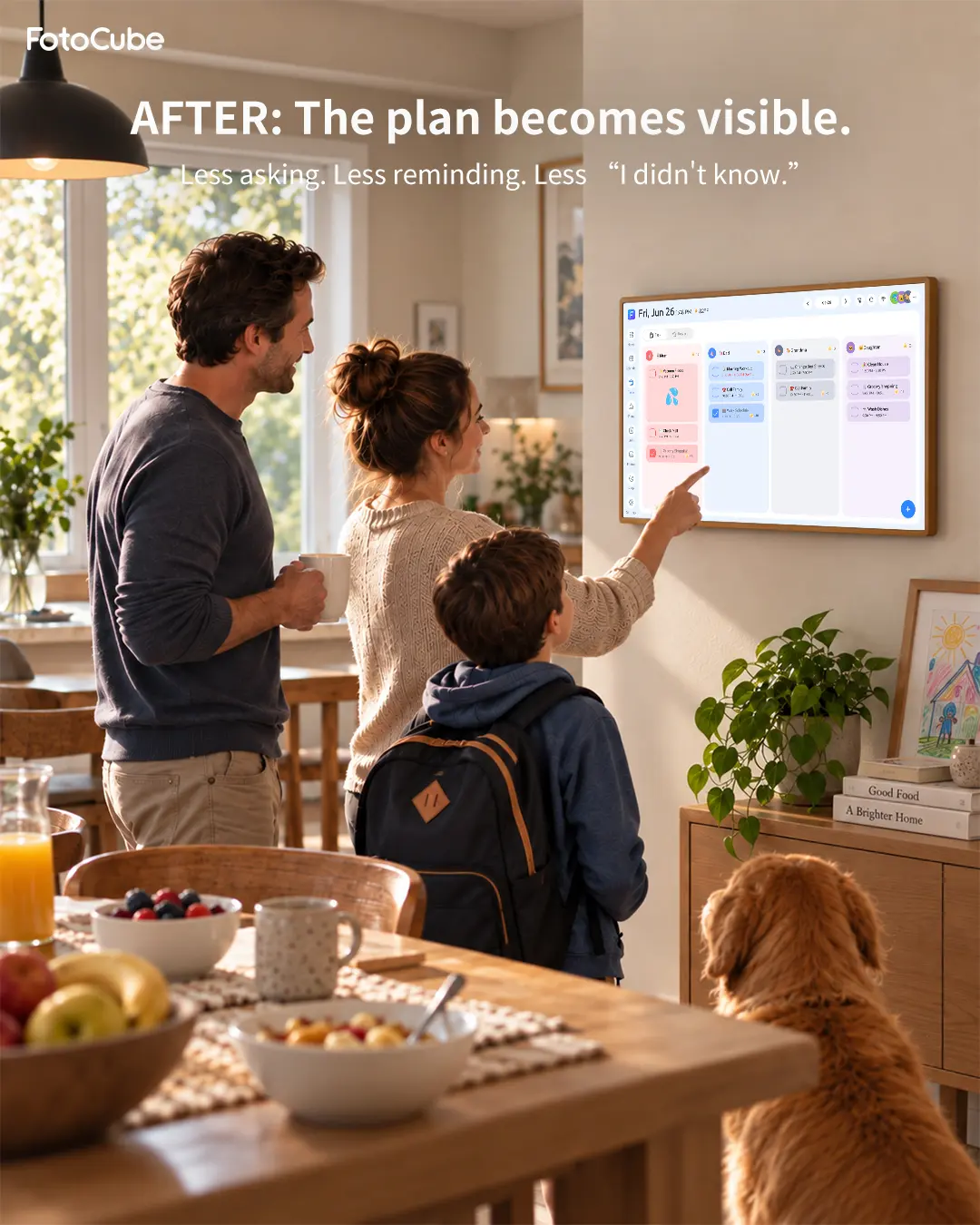 Family looking at plans together on a FotoCube display at home