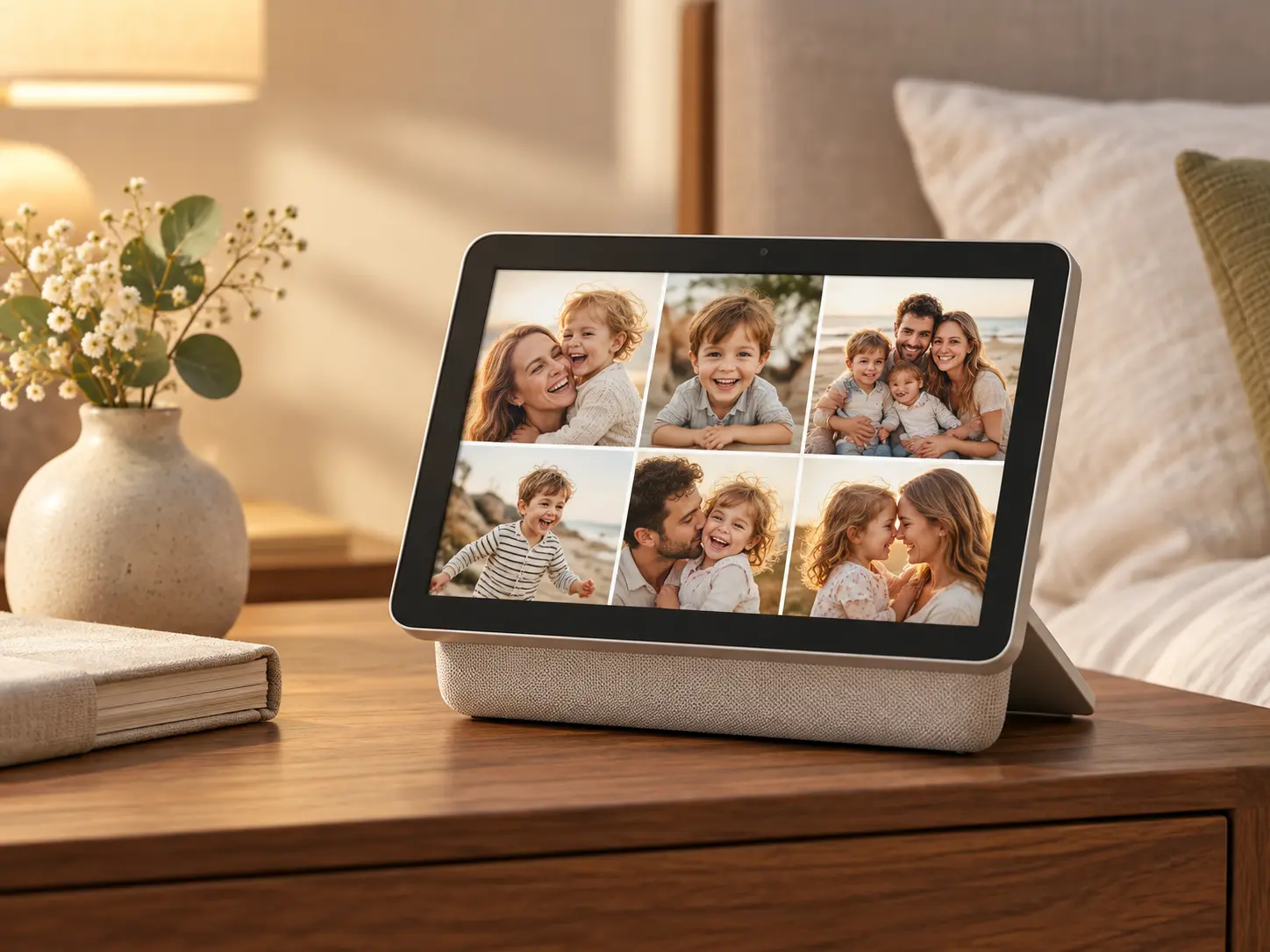 FotoCube Frame displaying family photographs on a bedside cabinet