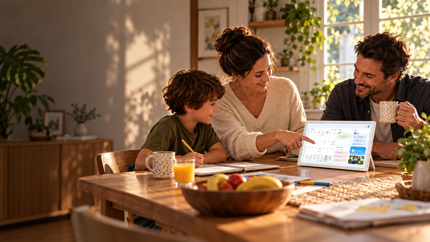 Family looking at plans together on FotoCube Calendar Pro at home