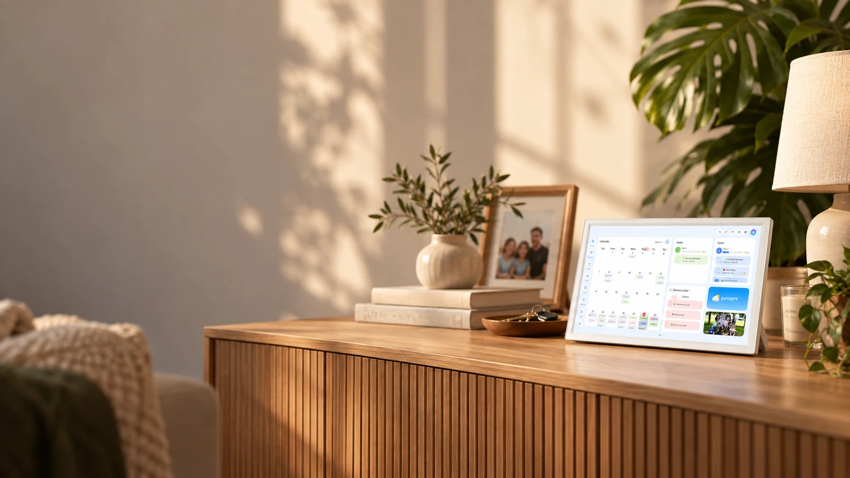 FotoCube family calendar display on a living room console