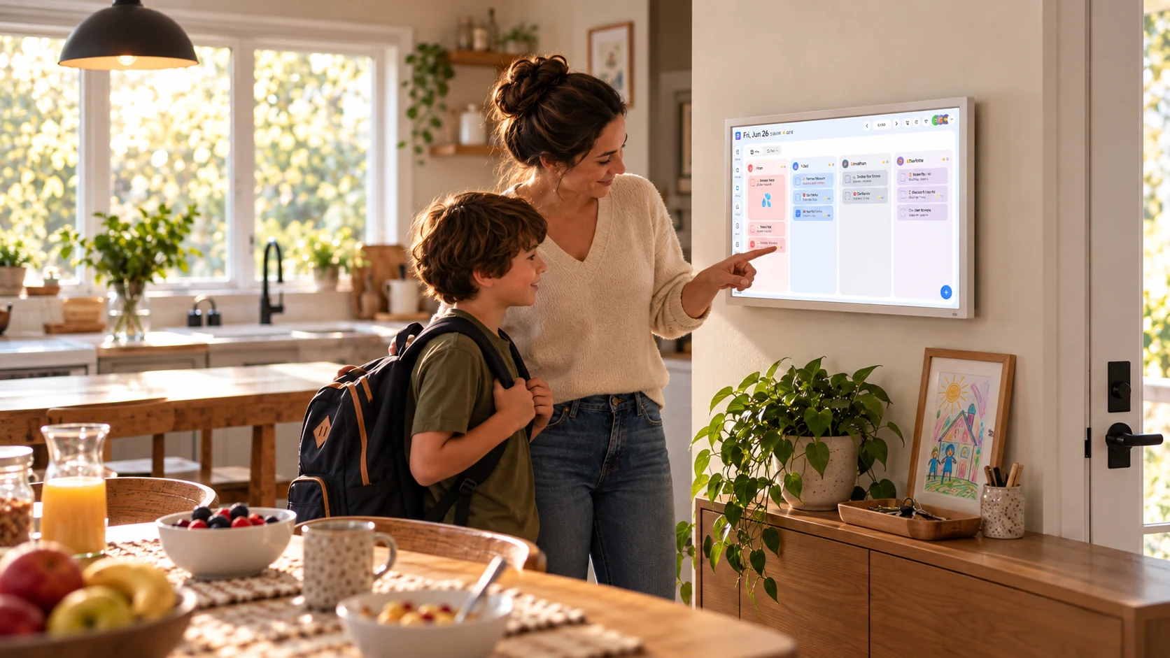 Morning family plans visible on a home display