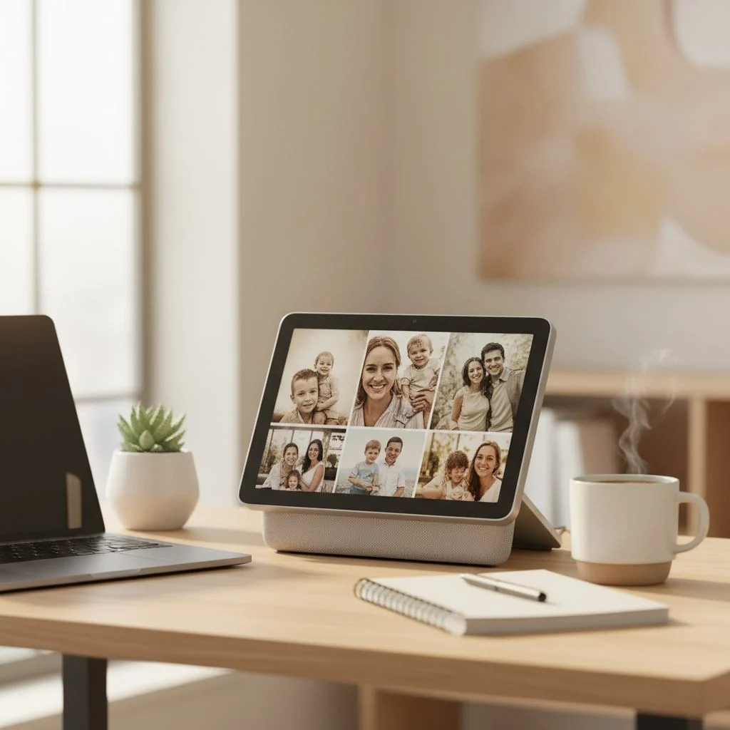 FotoCube Frame showing shared family photographs