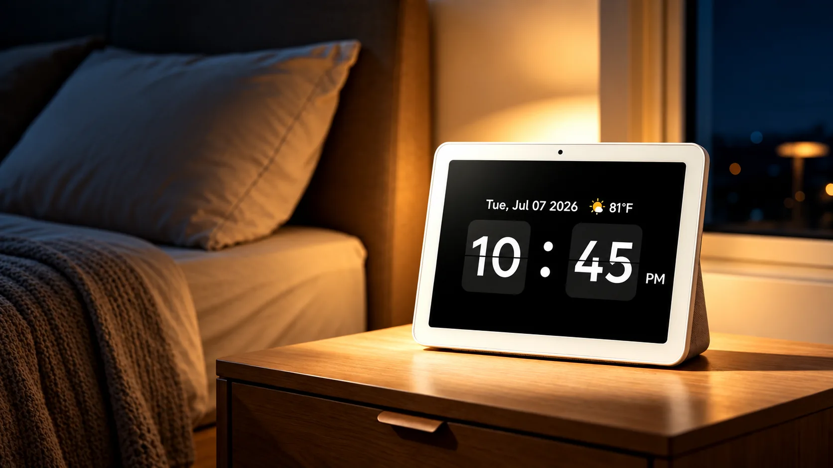FotoCube showing a quiet clock screensaver on a bedside cabinet