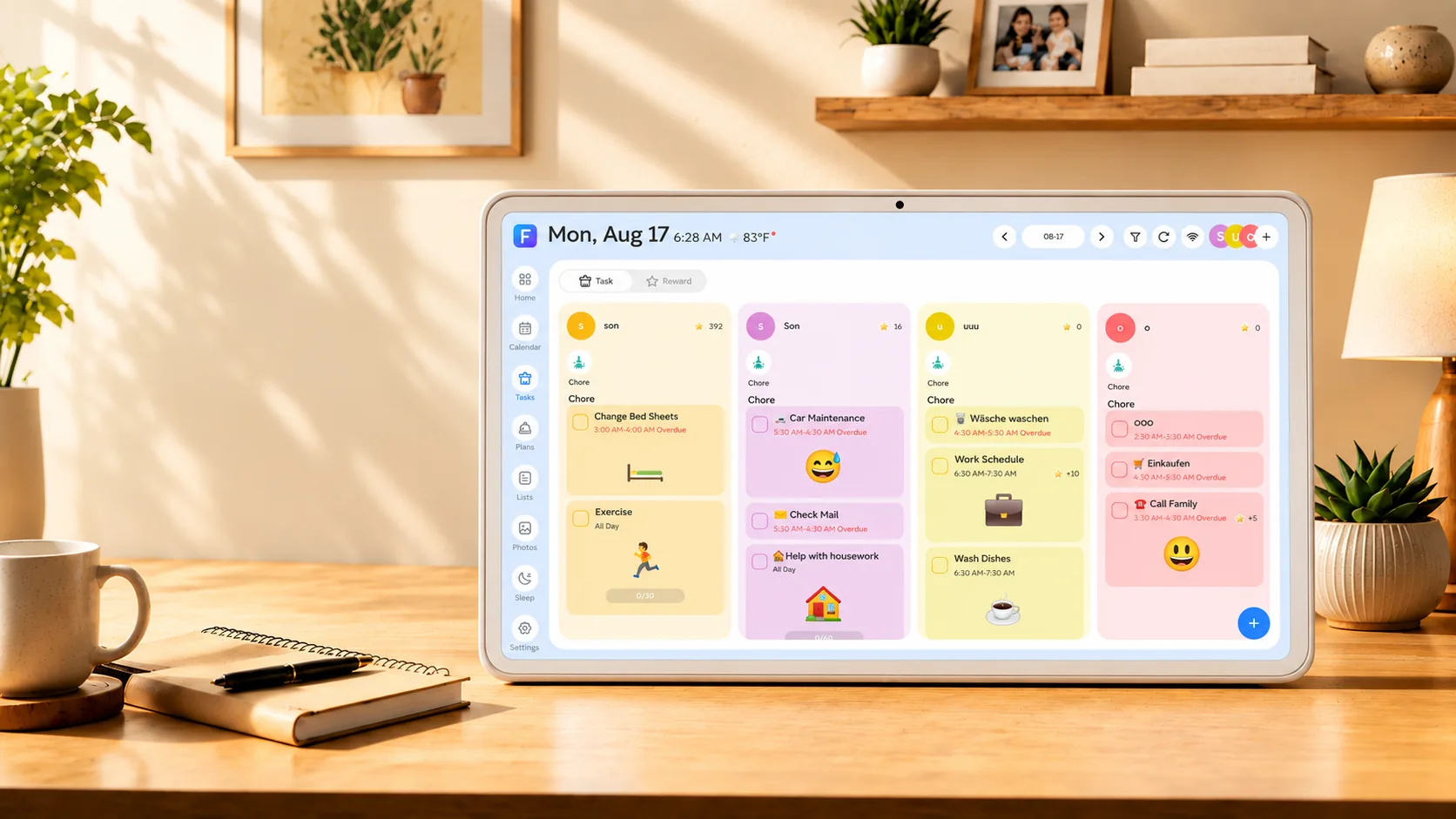 FotoCube showing shared chores and star rewards on a family task board