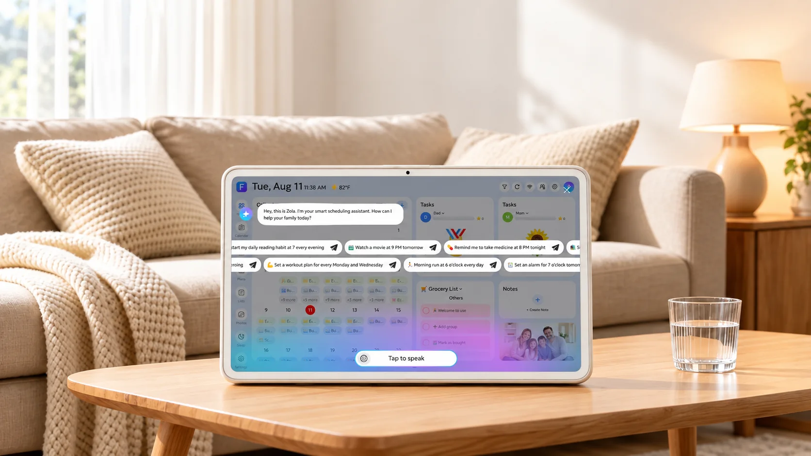 FotoCube showing Zola AI voice help in a living room
