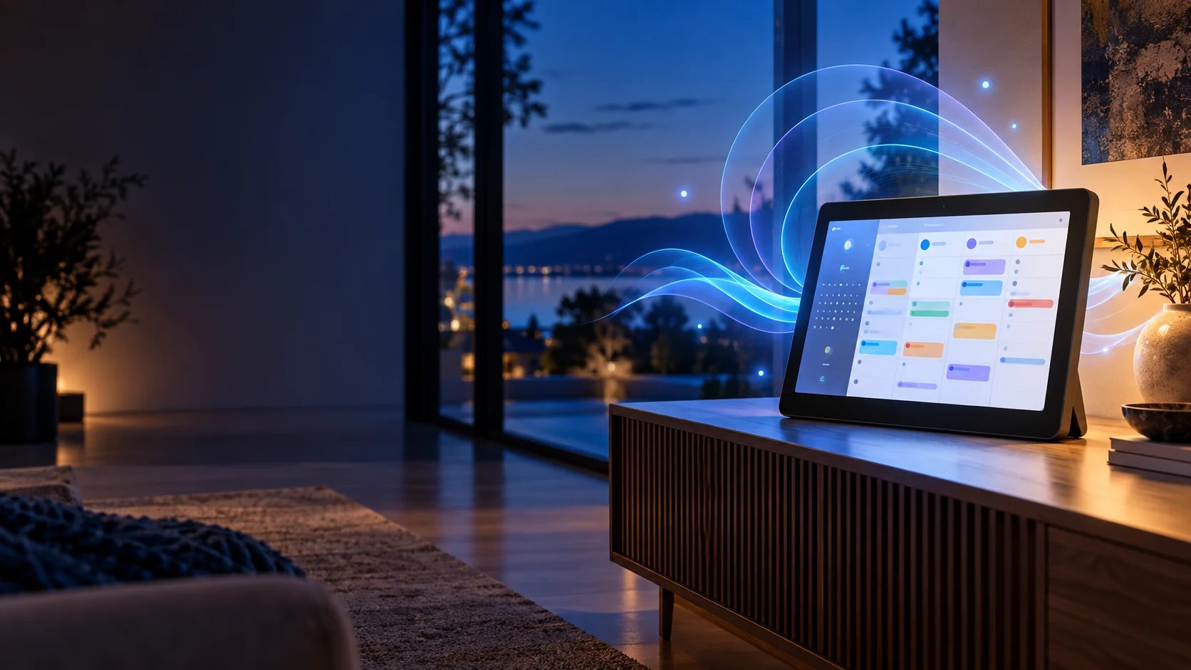 FotoCube family calendar with a luminous AI voice effect in a home at dusk